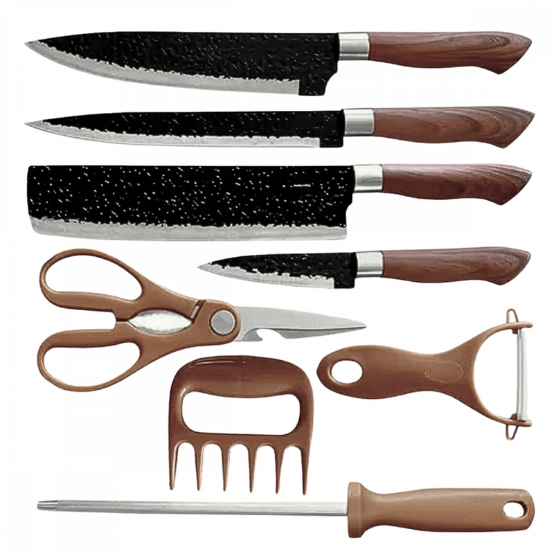 Kit de Facas para Churrasco e Cozinha: 8 Peças em Aço Inoxidável com Garra e Amolador DJ-8