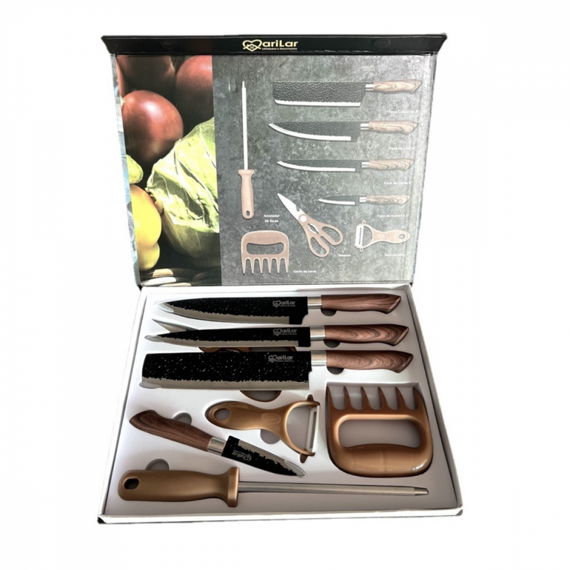 Kit de Facas para Churrasco e Cozinha: 8 Peças em Aço Inoxidável com Garra e Amolador DJ-8