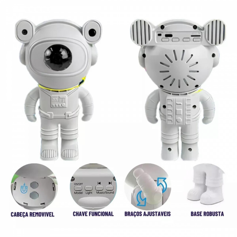 Projetor luminária astronauta caixa de som bluetooth galáxia estrelas