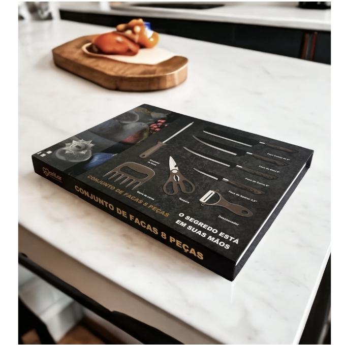 Kit de Facas para Churrasco e Cozinha: 8 Peças em Aço Inoxidável com Garra e Amolador DJ-8