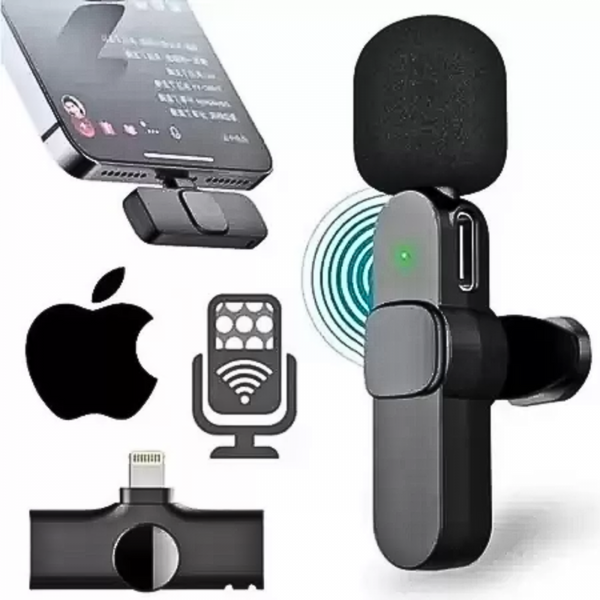 Microfone Condensador Duplo de Lapela Wireless Lightning IOS Sem Fio 2.4GHZ K9-IP-2IN1