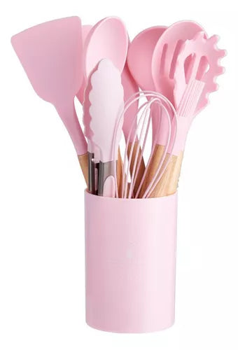 Kit 12 Utensílios De Cozinha Em Silicone E Cabo De Madeira