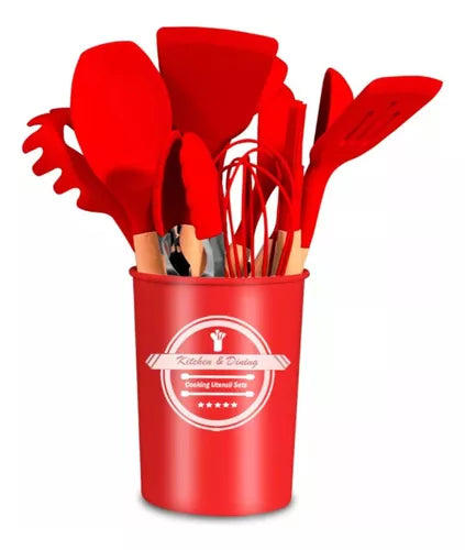 Kit 12 Utensílios De Cozinha Em Silicone E Cabo De Madeira