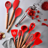 Kit 12 Utensílios De Cozinha Em Silicone E Cabo De Madeira