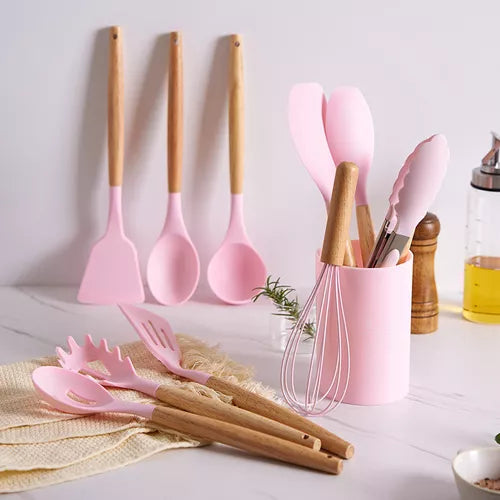 Kit 12 Utensílios De Cozinha Em Silicone E Cabo De Madeira