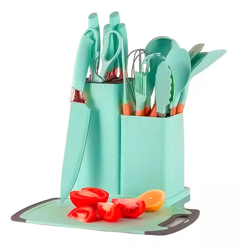 Kit 19 Conjunto Utensílios Facas silicones +Tabua De Cortar 19pç