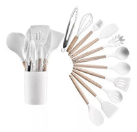 Kit 12 Utensílios De Cozinha Em Silicone E Cabo De Madeira