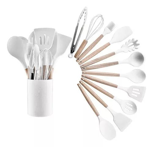 Kit 12 Utensílios De Cozinha Em Silicone E Cabo De Madeira