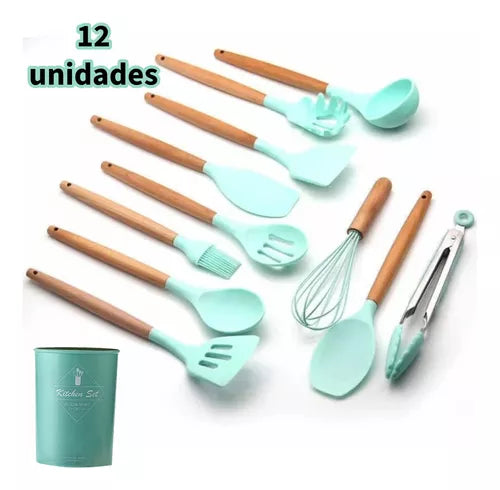 Kit 12 Utensílios De Cozinha Em Silicone E Cabo De Madeira