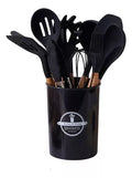 Kit 12 Utensílios De Cozinha Em Silicone E Cabo De Madeira
