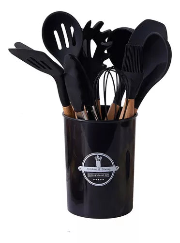 Kit 12 Utensílios De Cozinha Em Silicone E Cabo De Madeira
