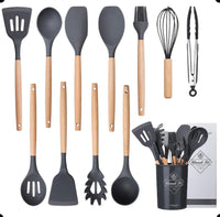 Kit 12 Utensílios De Cozinha Em Silicone E Cabo De Madeira