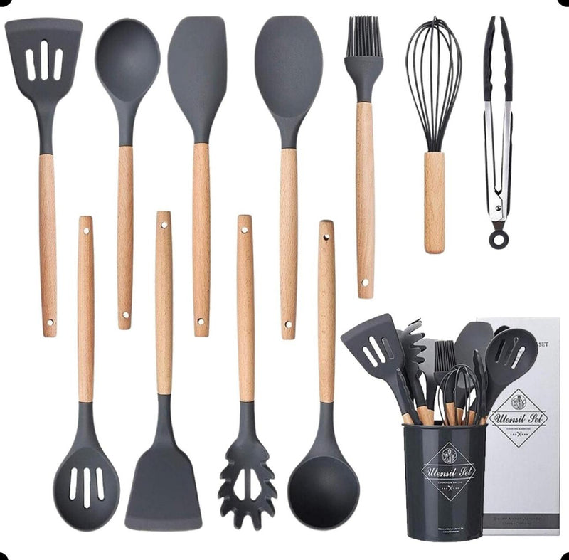 Kit 12 Utensílios De Cozinha Em Silicone E Cabo De Madeira