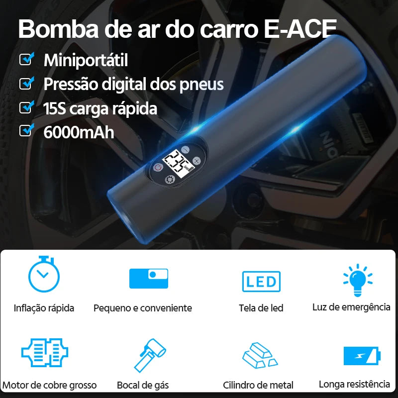 Compressor de ar Digital portátil - Para bicicleta carro E-Ace Bomba inflável sem fio